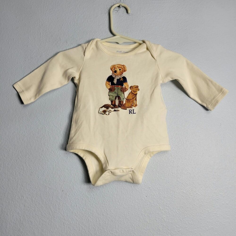 Polo Ralph Lauren Baby Boy Polo Bear Dog Bodysuit Romper Long Sleeve 3M Preppy